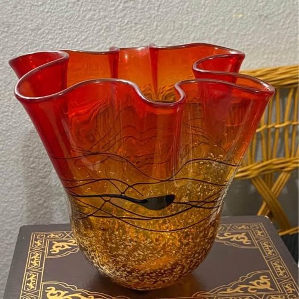 Tangerine Red Flame Handkerchief Hand Blown Vase With Black Accents
